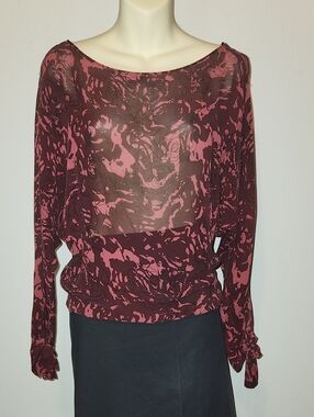 Kenneth Cole Sheer Floral-Print Long Sleeve Blouse - Pink/Burgundy